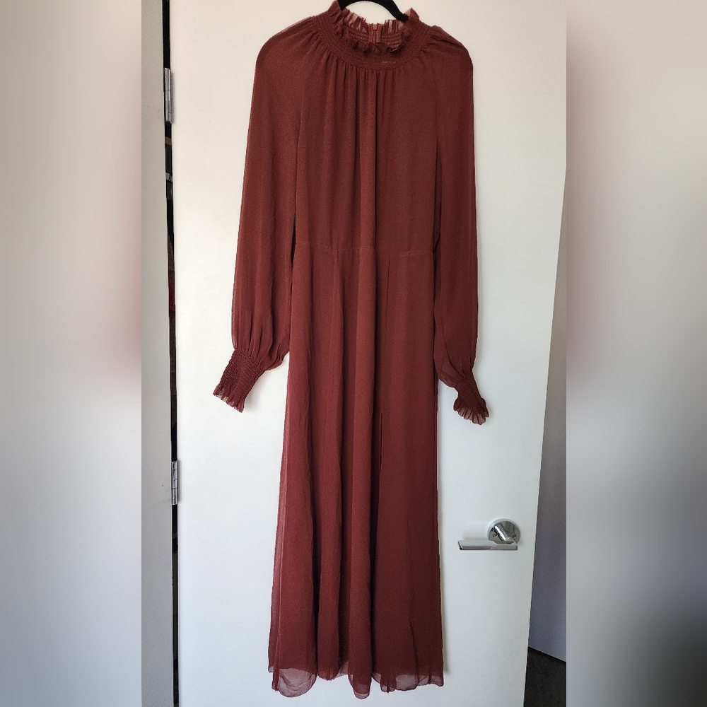 Wilfred Long Sleeve High-Slit Midi Dress in Rust - Picture 4 of 7